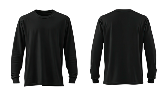 Black long-sleeve shirt, front and back view, isolated on a black background