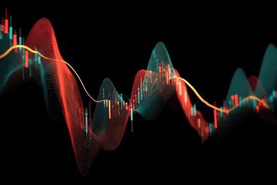 Abstract digital representation of financial market data with wave-like overlays and charts