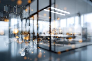 Modern office interior with glass walls and digital overlay featuring geometric shapes