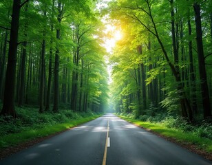 Fototapeta premium Asphalt road through vibrant forest. Sunlight shines. Tall green trees grow along path. Natural landscape with sky. Journey travel in wood environment. Spring season growth.