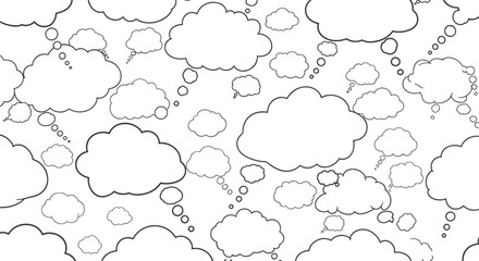 Seamless pattern of various hand-drawn thought and speech bubbles, symbolizing ideas, communication, and imagination.