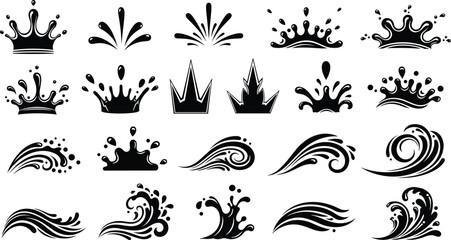Water splash icon, wave vector set, crown shape design, liquid motion graphic, abstract droplet illustration, fluid element collection