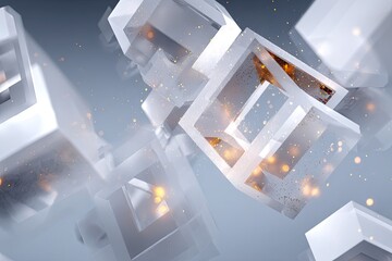 Abstract composition with transparent, cubic structures and scattered particles, cool color palette