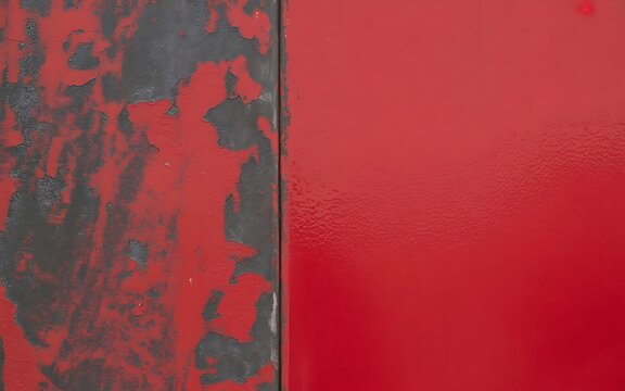 Close-up of peeling red paint on a textured metal surface with a smooth red panel abstract background - Powered by Adobe