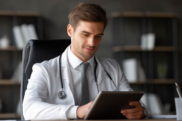Male doctor in white coat, seated at desk, using tablet device, with medical books and shelves in the background, showcasing modern healthcare technology and professional environment