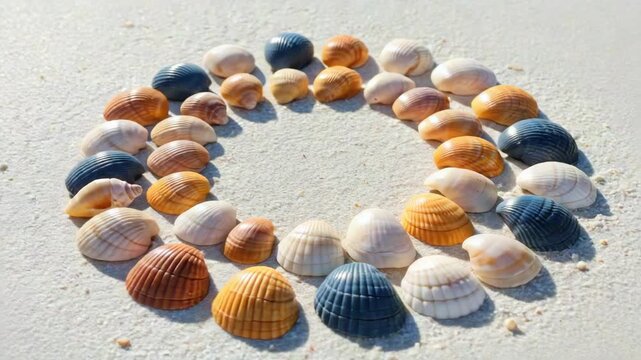 Shells arranged in circular formation on sandy surface