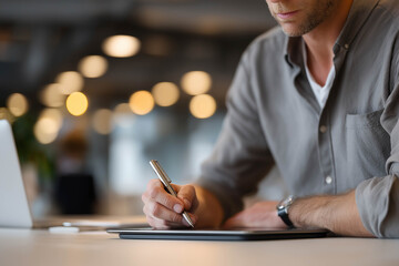Male professional in gray shirt is using a digital tablet to create designs in a modern office environment with blurred background and warm lighting for creative work