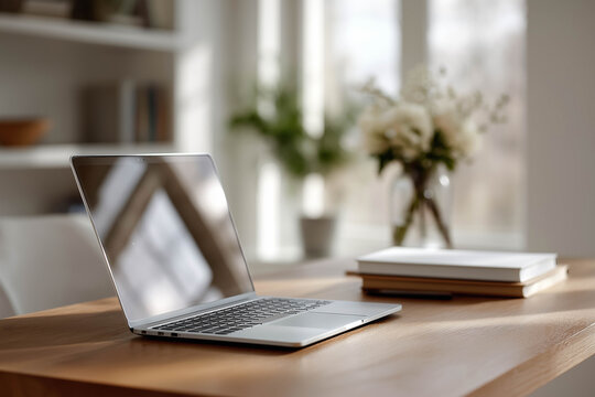 Modern laptop on wooden desk in bright workspace, surrounded by books and a vase of flowers, creating a serene and productive atmosphere for work or study