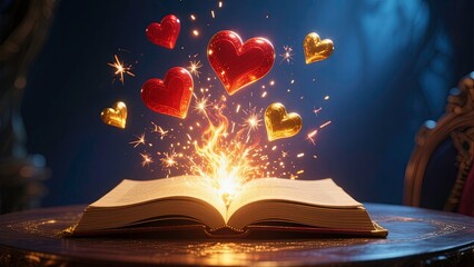 Glowing hearts coming out of an open book on the table in the dark background, romance, fantasy, dream, love