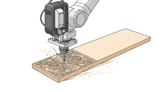 Robotic arm carving intricate pattern on wooden board