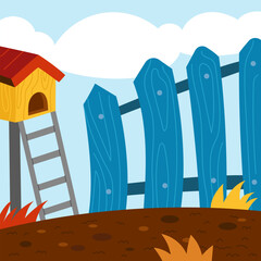 Colorful farmyard with chicken coop and fence. Flat vector henhouse with a ladder and a blue wooden fence. Illustration in a simple style for kids projects. © ksenyasavva