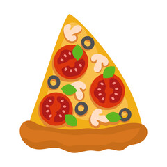 A slice of pizza Margherita with basil, tomatoes, mushrooms and olives. Fast food vector illustration. Isolated flat image on white background for menus and designs
