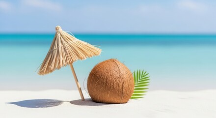 Minimal tropical concept with coconut and beach umbrella &mdash; representing creativity, freshness, and vacation mood