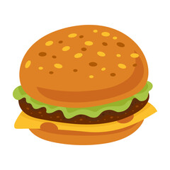 Big tasty beef burger with cheese and green lettuce. Fast food vector illustration. Isolated flat image on white background for menus and designs