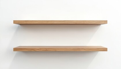 Two empty wooden floating shelves are fixed on white wall. Clean wood planks create space for storage or decor in minimal design. Simple interior element for home, office, shop, or product display.