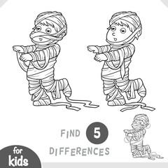 Mummy boy in masquerade costume. Spot the differences game for kindergarten and preschool children. Black and white coloring page for kids about Halloween