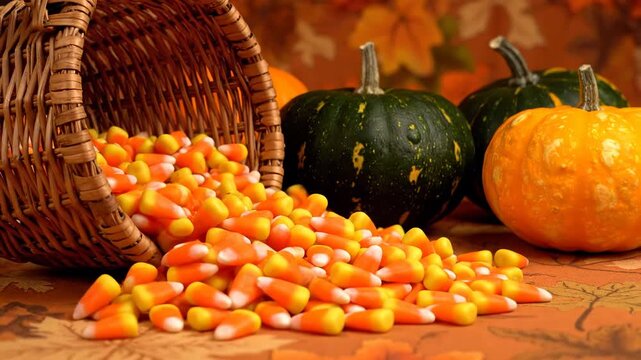 Wicker basket overflowing with colorful candy corn and pumpkins on autumn leaves background