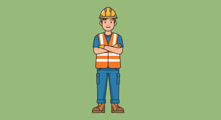 Construction Worker Standing with Arms Crossed Wearing Safety Gear.