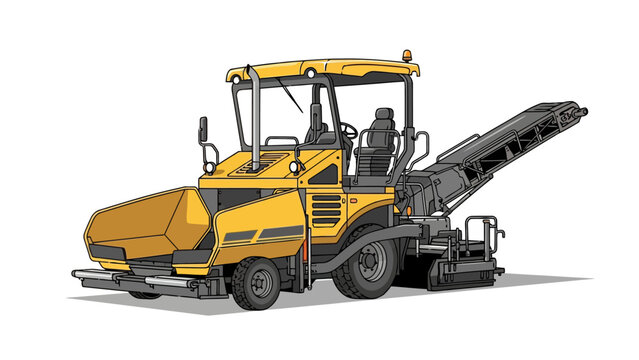 Yellow paver machine with conveyor belt and cab viewed from side