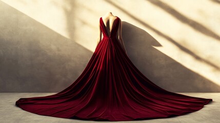 A luxurious red velvet dress with a deep neckline and long flowing train realistic fabric folds and rich texture captured under soft lighting solid beige background