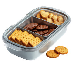 Tray of cookies, separated into three types, close-up, on dark