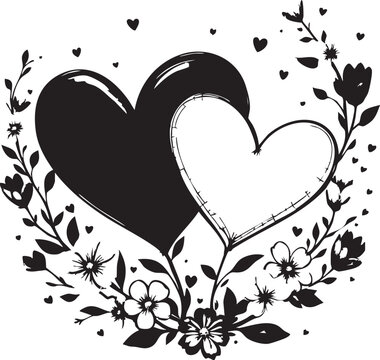 Overlapping hearts with floral elements, black and white romantic vector for love, celebration, and seasonal design themes