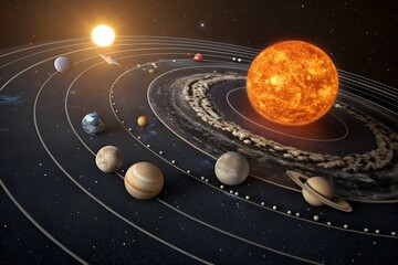 Solar System with Sun and Planets Orbiting in Outer Space