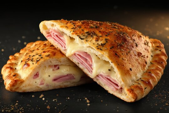 Deliciously stuffed calzone with ham and cheese, showcasing a golden crust and melted filling perfect for any meal