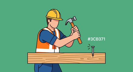 Construction Worker Hammering Nail into Wood Plank with Precision.