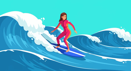 Animated cartoon showing a woman in wetsuit enjoying surfing the impressive waves on the ocean