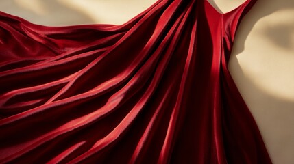 A luxurious red velvet dress with a deep neckline and long flowing train realistic fabric folds and rich texture captured under soft lighting solid beige background