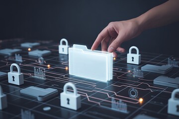 Hand Selecting a Glowing Digital Folder from a Network of Files and Locks data security