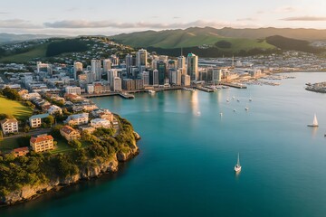 Fototapeta premium Aerial View of a Coastal City Harbor with Buildings, Boats, and Green Hills image photo