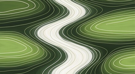 Abstract flowing river of light with green wavy contours and organic shapes