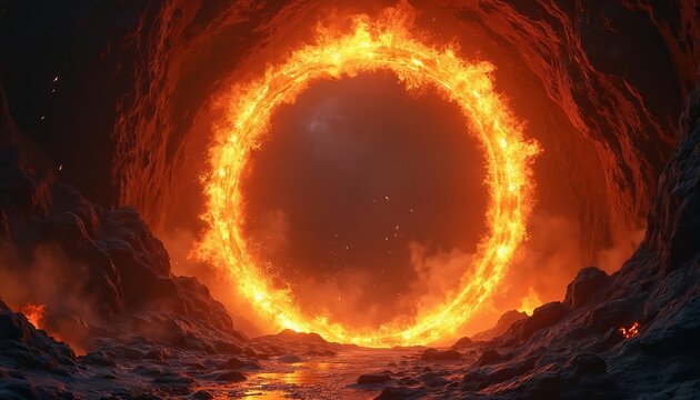 Fiery ring floats above craggy ground. Volcanic lava flows in canyon. Burning portal glows in cave. Sci-fi concept features energy circle with flames in cosmic landscape. Fantasy background shows