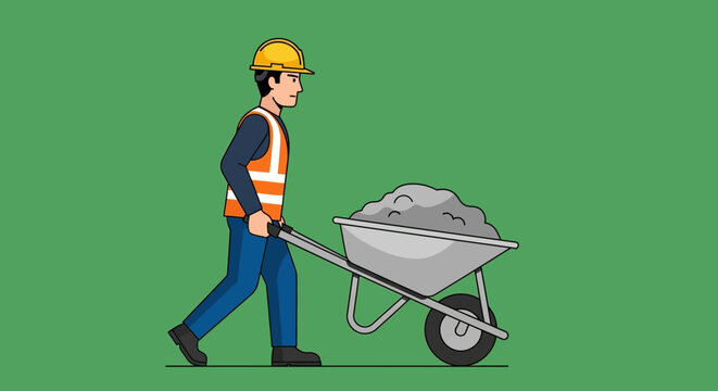 Construction Worker Pushing Wheelbarrow Filled with Gravel.