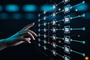 Human hand interacting with a glowing digital network of interconnected folders on a dark futuristic screen