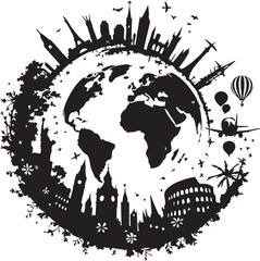 Stylized Earth with global landmarks and travel icons, black and white vector for unity, tourism, and cultural diversity