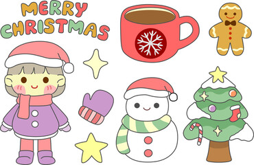  Cute Cartoon Christmas Character Clipart Set: Santa Girl, Snowman, Xmas Tree, and Mug for Holiday Stickers 