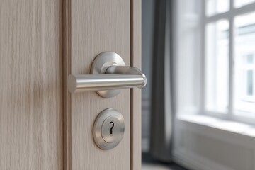 Obraz premium Door Close-up. Opened wooden door, modern metallic handle and keyhole in the empty room. Copy space. Panel wood door, gray wall, blur interior background. Element of apartment design. Selective focus