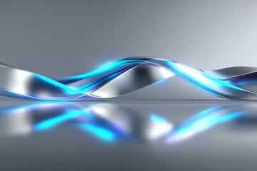 Abstract Metallic Wave with Blue Light Reflections on Gray Background