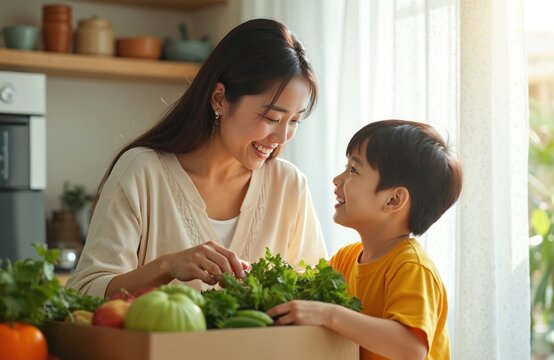 Asian mom and young son unpack fresh grocery box. They sort colorful organic vegetables, fruits in bright kitchen. Happy family bonds over healthy food prep.