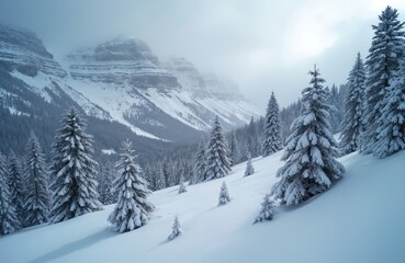 Snowy mountain with coniferous forest landscape scene. Mountains covered by snow and fog. Winter woodland scenic panorama. Cold weather with snowdrifts on slope with fir and pine trees.