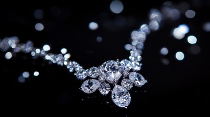 A luxury diamond necklace with a delicate chain and brilliant-cut centerpiece resting on a solid black background focused lighting enhancing each gem facet