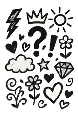 Whimsical Doodle Icon Collection – Black Crayon Line Art Vectors