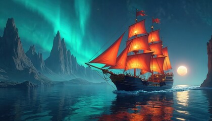 Old sailing ship with red sails navigates calm sea under aurora borealis. Moon shines brightly above ocean waves near rocky shore. Majestic vessel journeys through ethereal northern lights display.