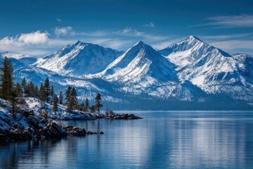 Majestic Lake Tahoe showcases stunning panoramic mountain views and tranquil waters under a clear blue sky during winter