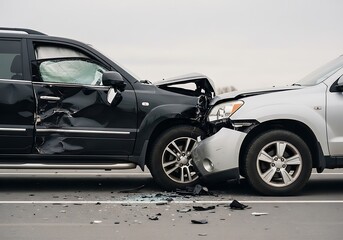 Automobile accident scene illustrating the heavy impact between a black SUV and a silver car on a roadway