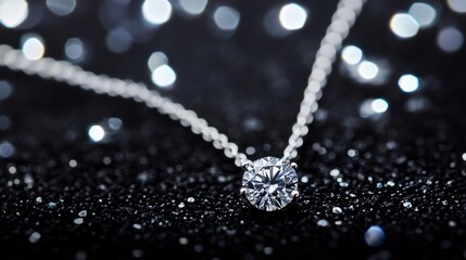 A luxury diamond necklace with a delicate chain and brilliant-cut centerpiece resting on a solid black background focused lighting enhancing each gem facet