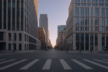 Fototapeta premium Empty City Street with Modern Architecture and Pedestrian Crossing at Dawn urban